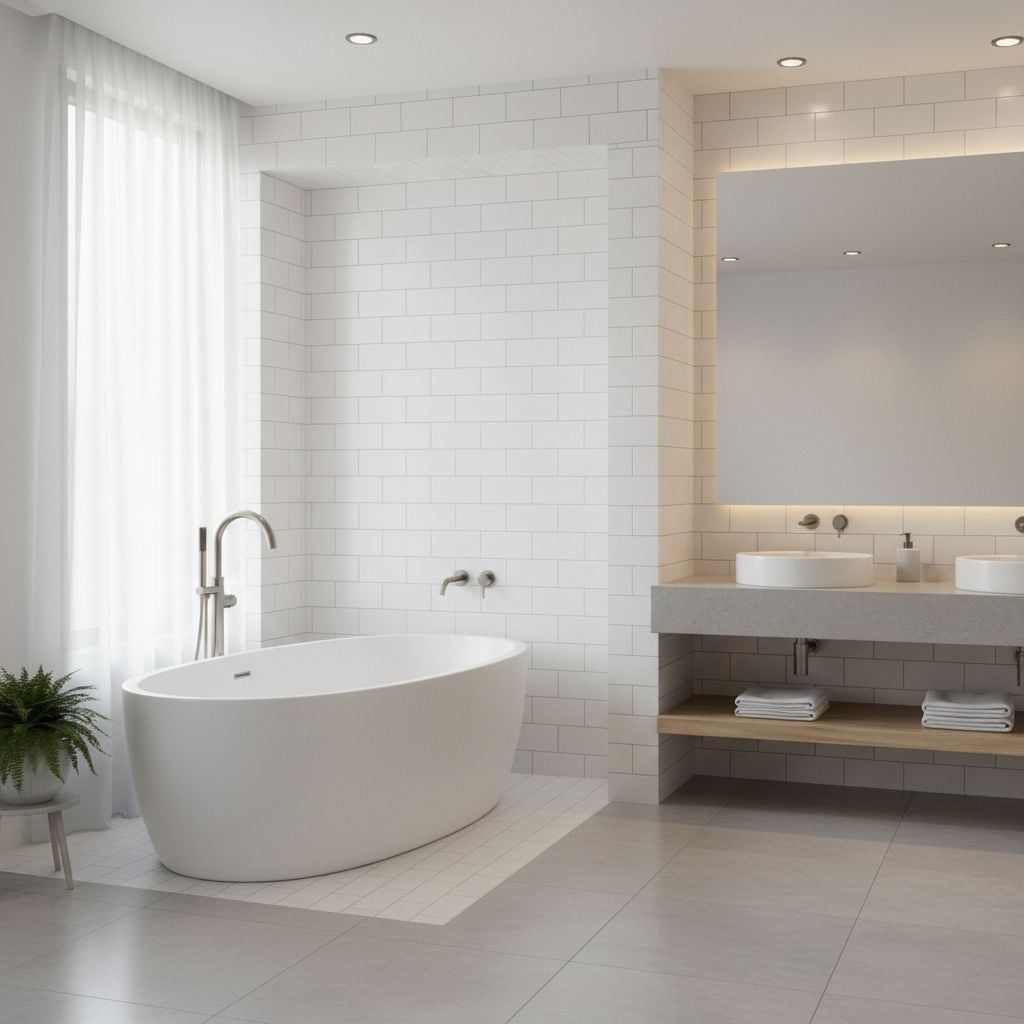 A bright, modern bathroom featuring a new white bathtub installed in a tiled alcove with updated hardware.