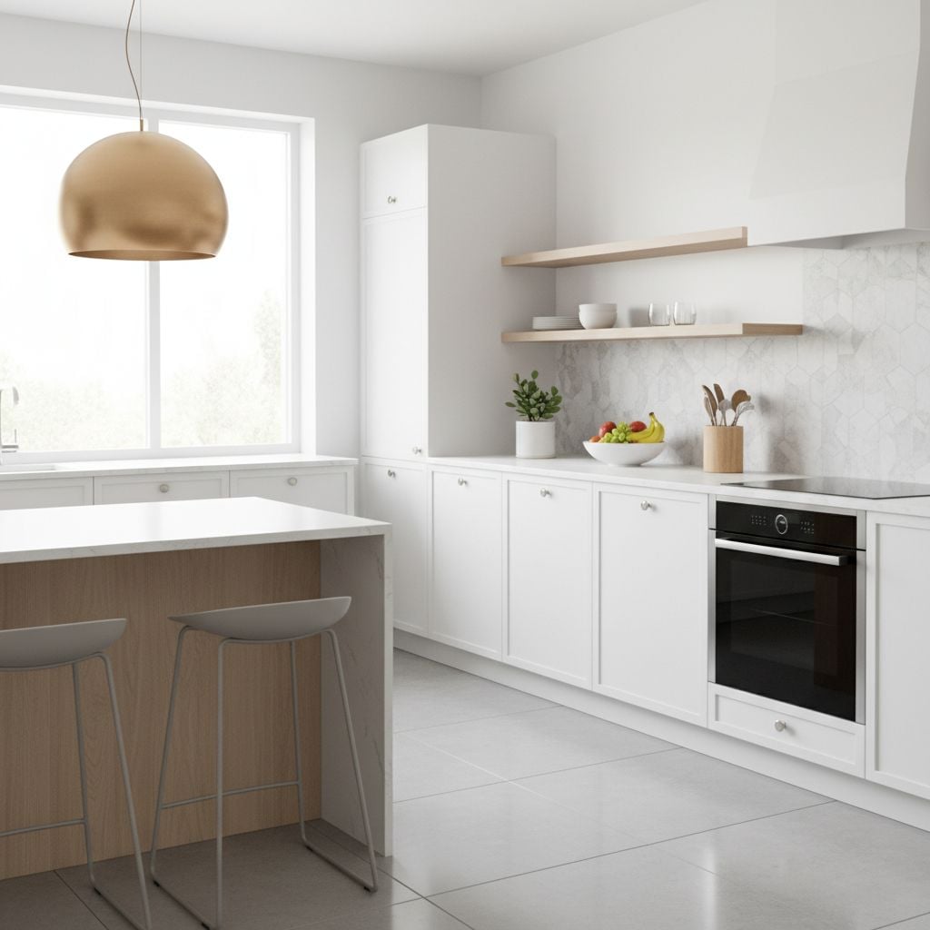 A bright, modern kitchen with white cabinetry and minimalist hardware showing an organized countertop with a small fruit bowl.