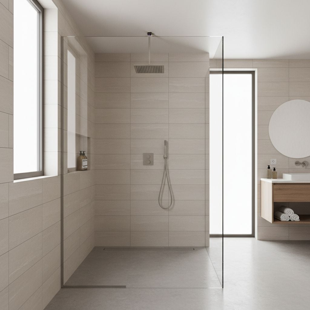 A modern walk-in shower with glass doors, neutral tile walls, and a rainfall showerhead in a bright bathroom.