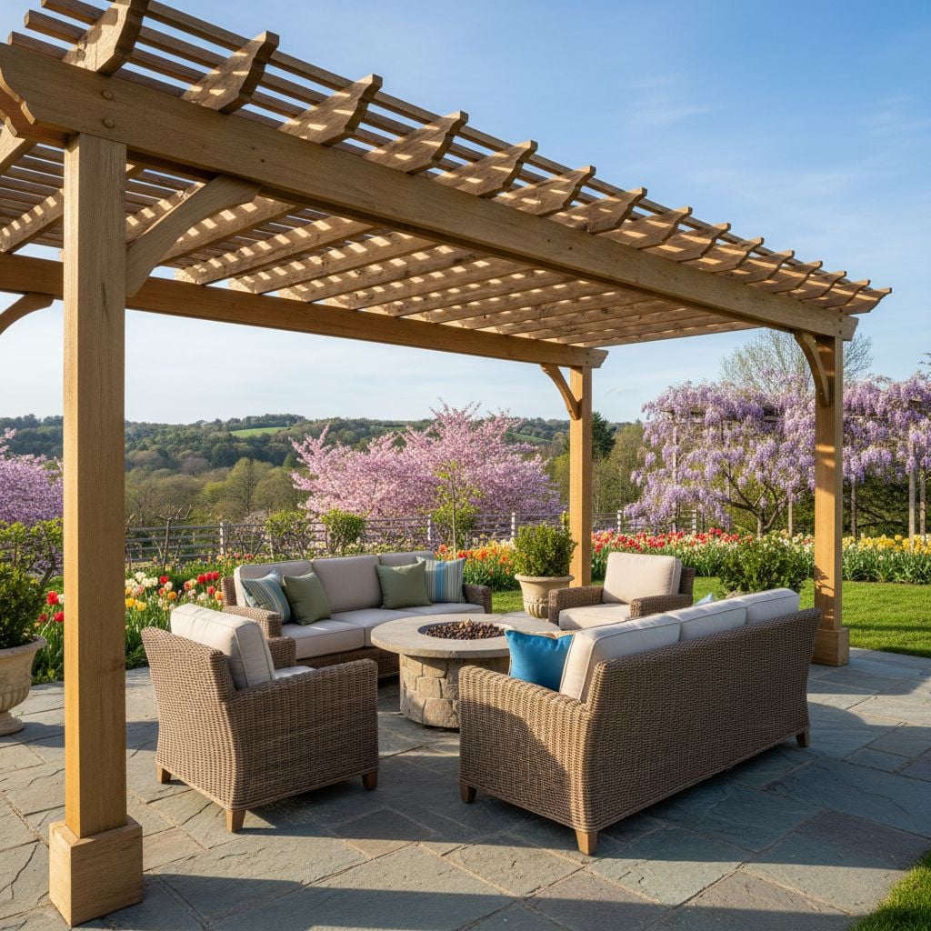 A beautifully crafted cedar pergola over a stone patio with comfortable outdoor seating and blooming spring flowers in the background.