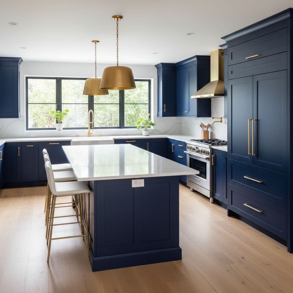 A modern kitchen with navy blue refaced cabinets and gold hardware.
